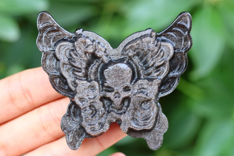 2.6" Natural Carved Silver Obsidian Butterfly Reiki Crystal Skull Decor gift 1PC