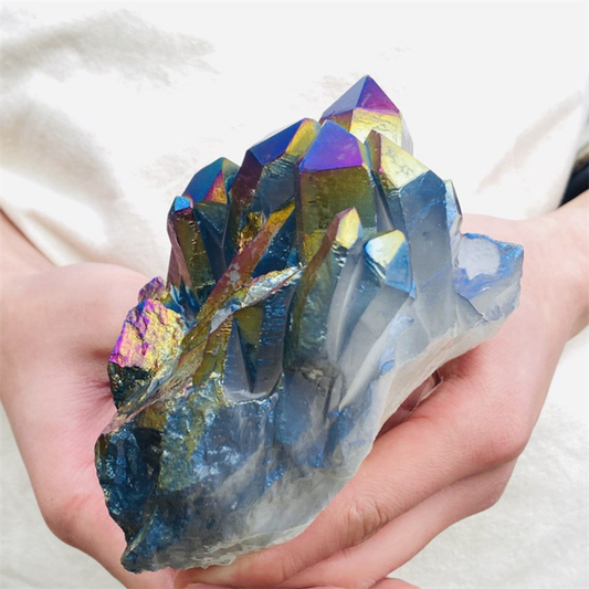 970gColor Flame Aura Electroplate Quartz Crystal Cluster Specimen Healing Stone