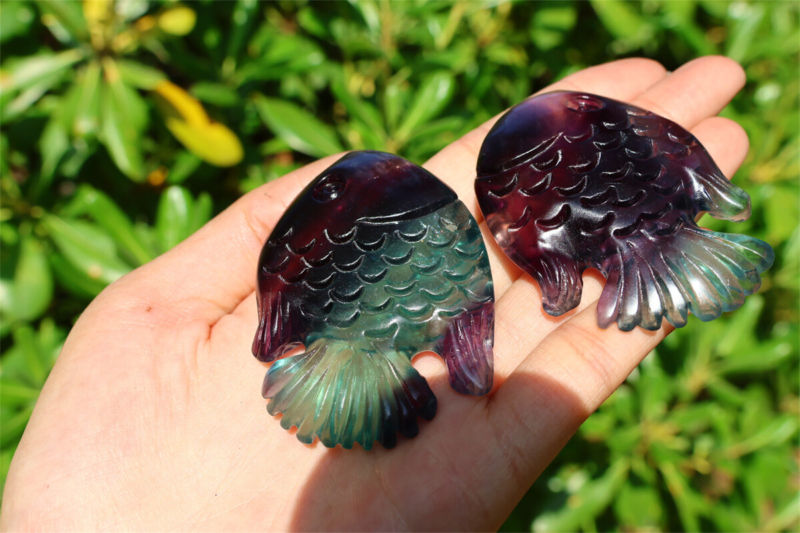 2.4+" Carved Natural Rainbow Fluorite Fish Reiki Crystal Skull Crystal Gifts 1PC