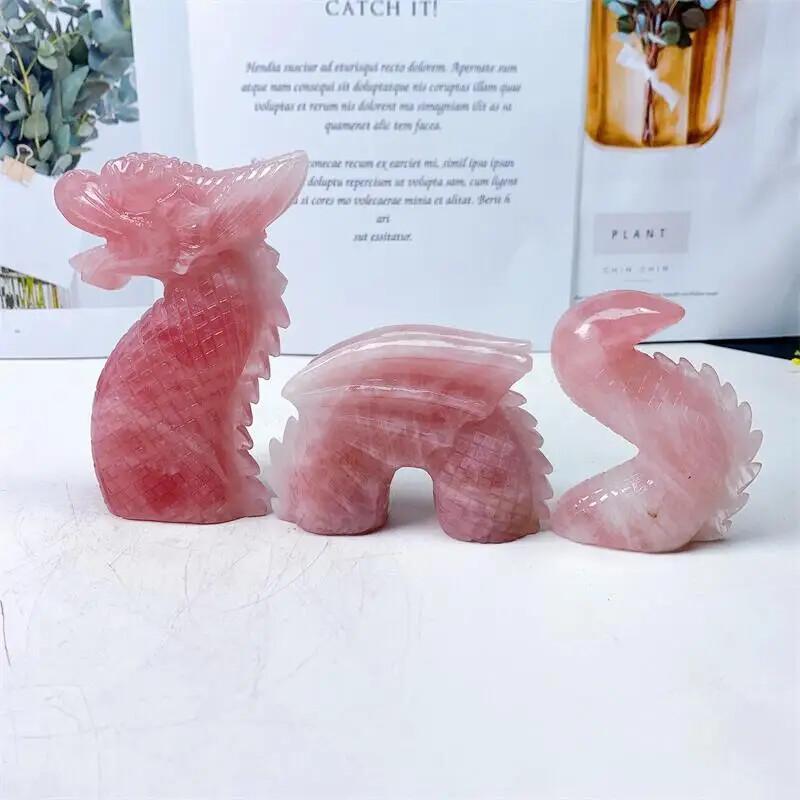 Natural Rose Quartz Swimming Dragon Crystal Handmade Carved Polished Animal