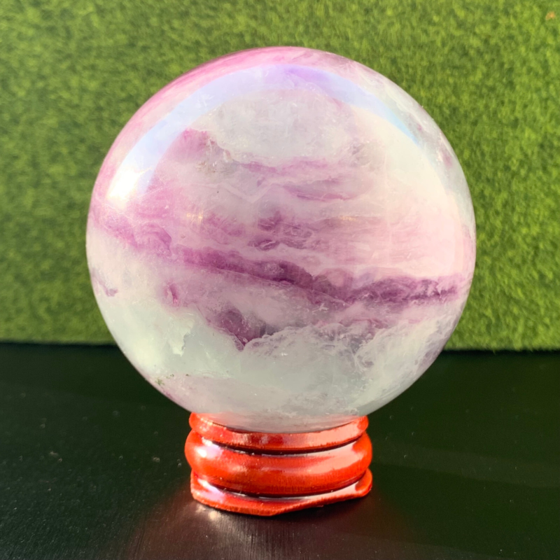 336G Natural Fluorite ball Colorful Quartz Crystal Gemstone Healing + Stand
