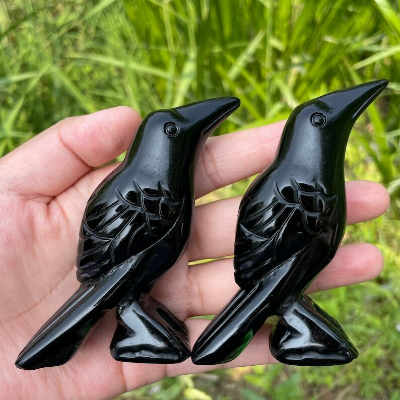 Natural Obsidian Crow Hand Carved Bird Crystal Animal Decoration Reiki Heal Gift