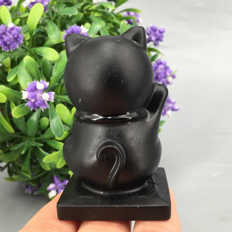 1pc Natural Obsidian Quartz Crystal Cat Hand Carved Animal Decoration Reiki Heal