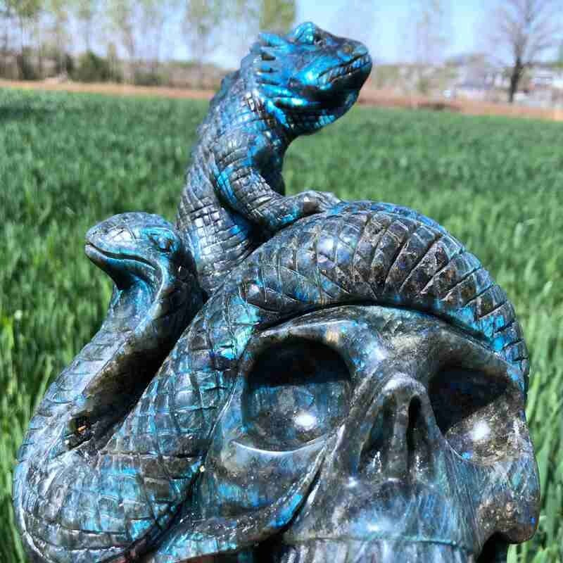 9.12LB Natural Labradorite Lizard hand Carved Skull Quartz Crystal Reiki Gift