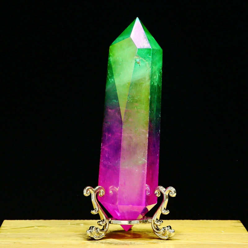 214g Natural Crystal Electroplated Rainbow Quartz Tower Double Wand Point Reiki