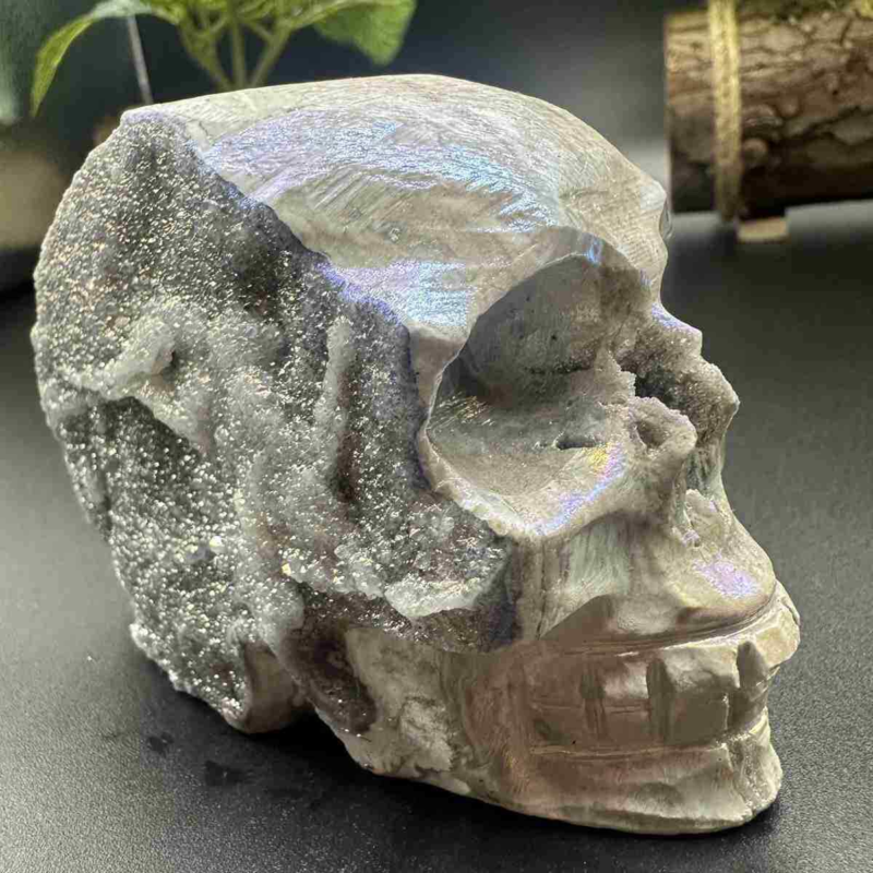 535g electroplate Natural sphalerite hand carved skull decor gem Healing