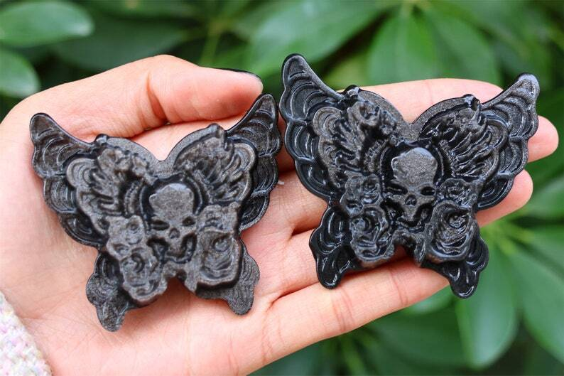 2.6" Natural Carved Silver Obsidian Butterfly Reiki Crystal Skull Decor gift 1PC