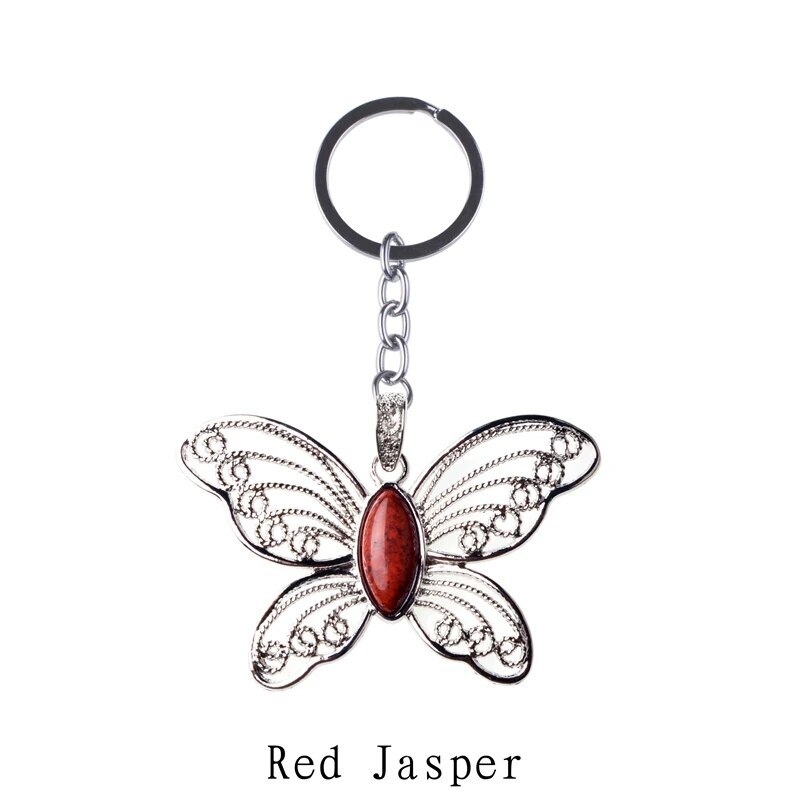 Healing Natural Stone Stainless Steel Butterfly Pendant Keychain for Women Men