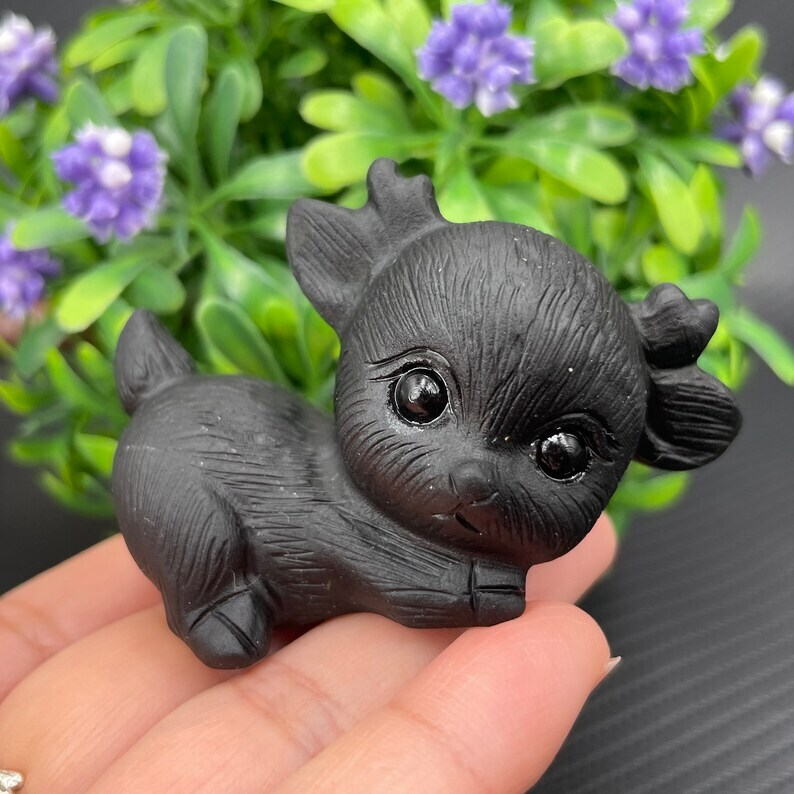 Natural Obsidian Deer Baby Hand Carved Crystal Animal Decoration Reiki Heal gift