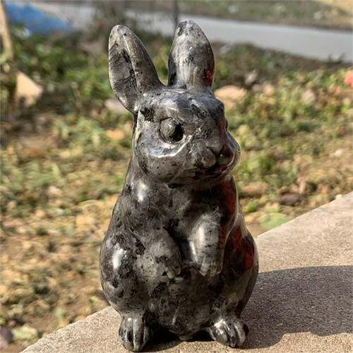 290g Natural Carved Spectrolite Rabbit Figurines Reiki Quartz Crystal Skull Deco