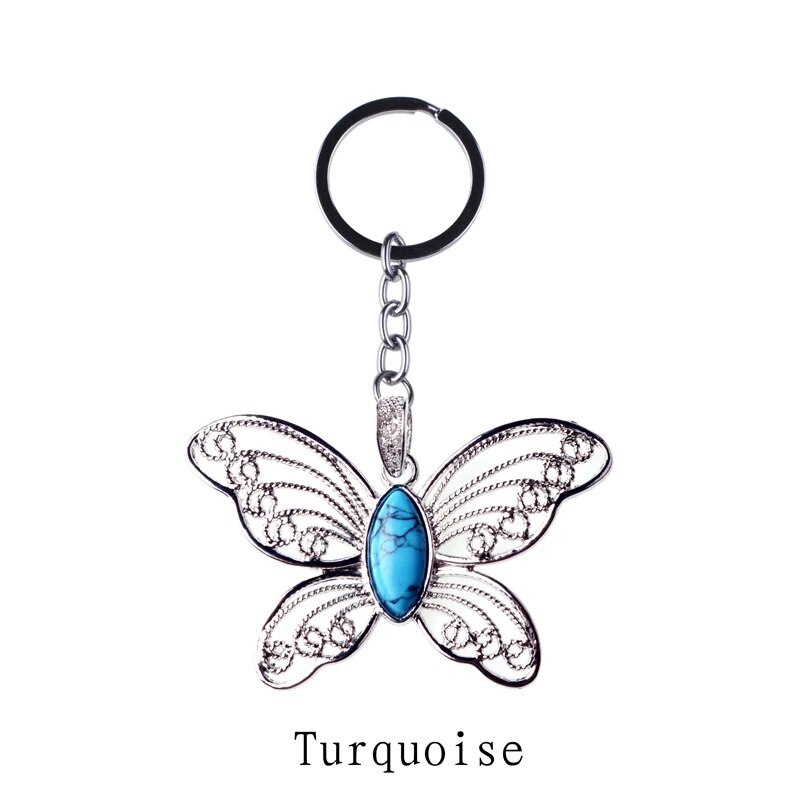 Healing Natural Stone Stainless Steel Butterfly Pendant Keychain for Women Men