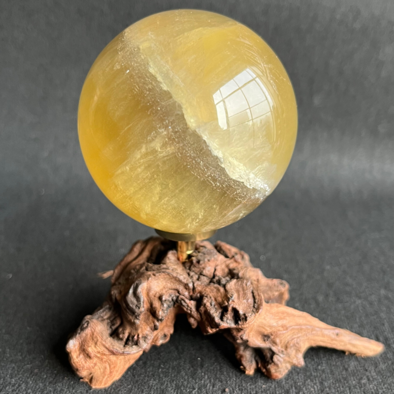 299G  Natural yellow fluorite quartz crystal ball sphere healing + Stand