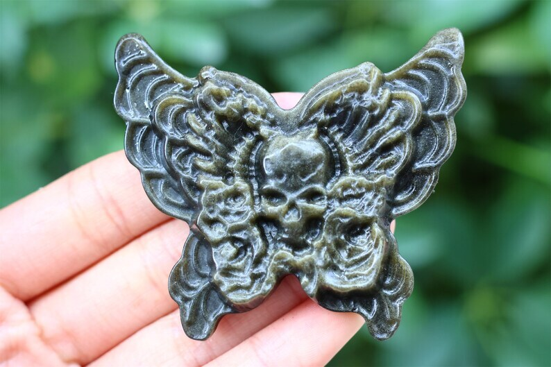 2.6" Natural Carved Gold Obsidian Butterfly Reiki Crystal Skull Decor gift 1PC