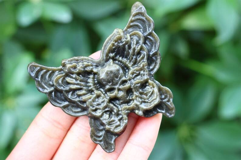 2.6" Natural Carved Gold Obsidian Butterfly Reiki Crystal Skull Decor gift 1PC