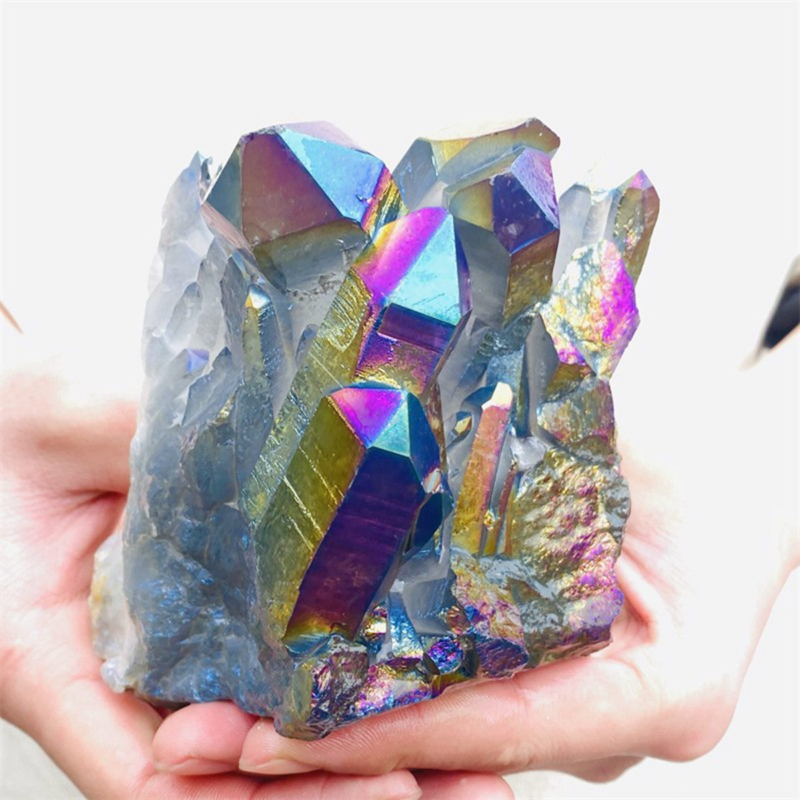 970gColor Flame Aura Electroplate Quartz Crystal Cluster Specimen Healing Stone