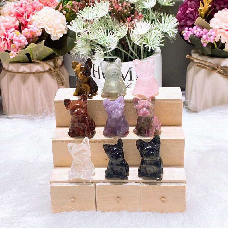 Natural Quartz Crystal Carved Rough Stone French Bulldog Healing Animal Decor