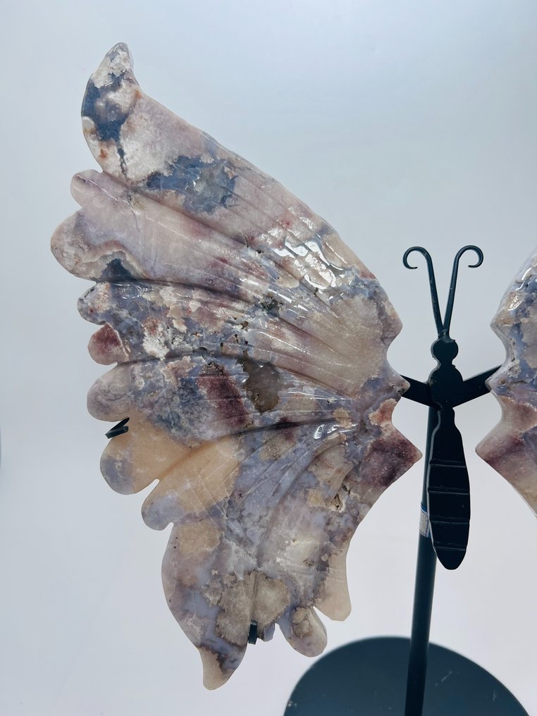 Flower Agate - Butterfly Wings - Decoration Object - Unique - Top Quality Natural Stone - on Stand - Healing Stone - Interior Object - Handwork - Height: 300 mm - Width: 260 mm- 1130 g - (1)