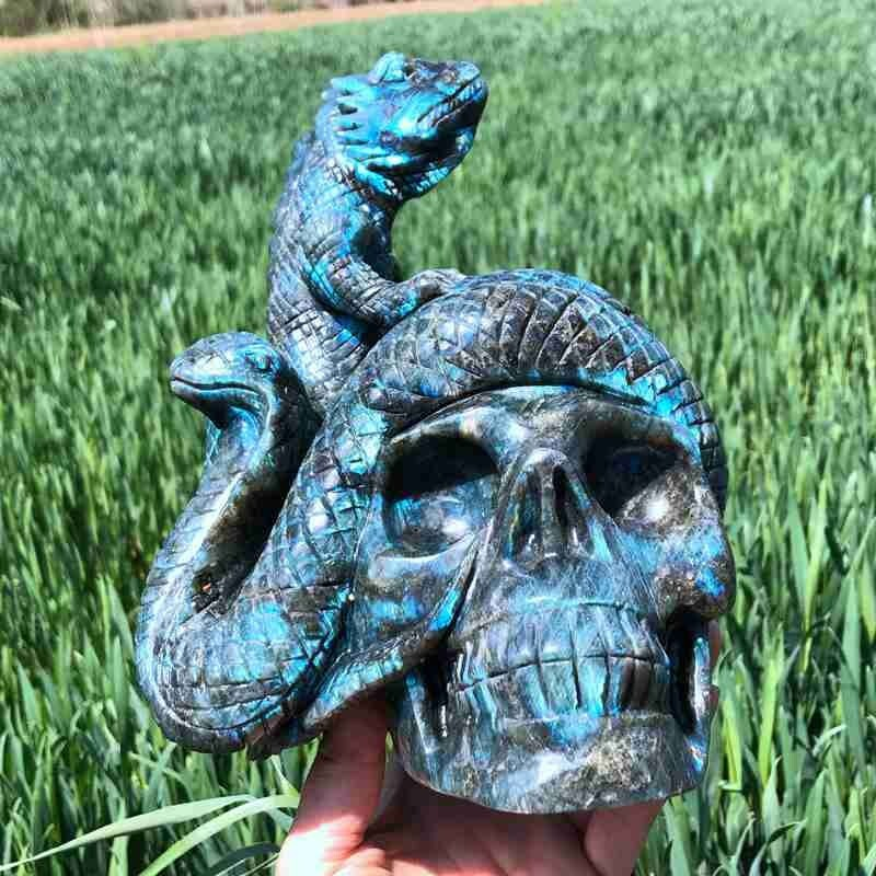 9.12LB Natural Labradorite Lizard hand Carved Skull Quartz Crystal Reiki Gift