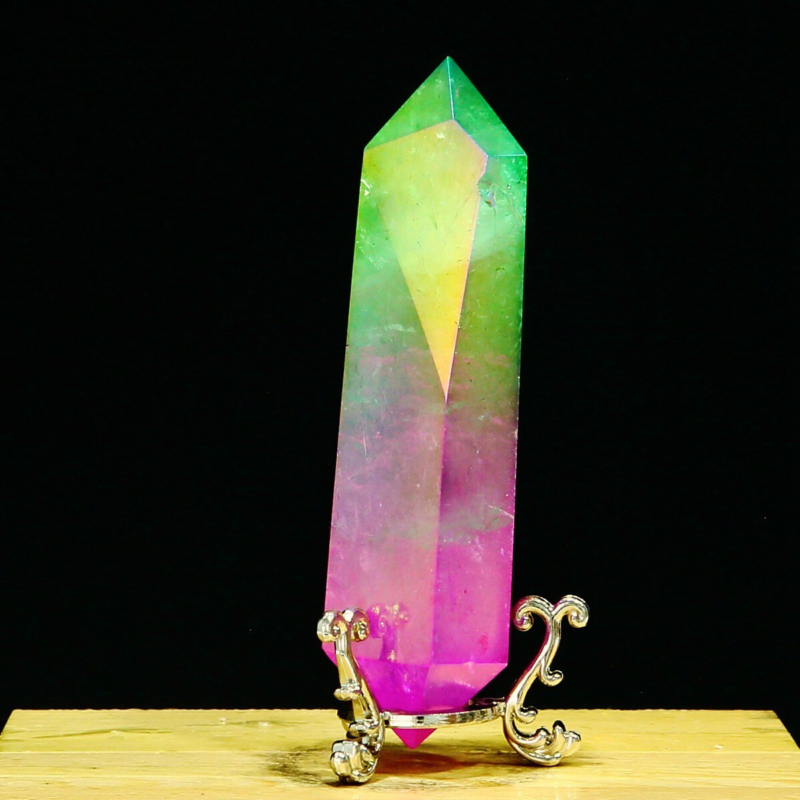 214g Natural Crystal Electroplated Rainbow Quartz Tower Double Wand Point Reiki