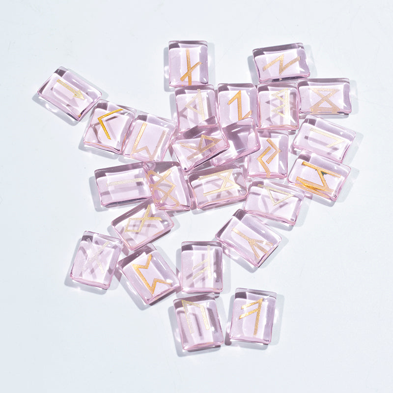 Fengshui decoration pink rose glass engraved divination stone rune stone set