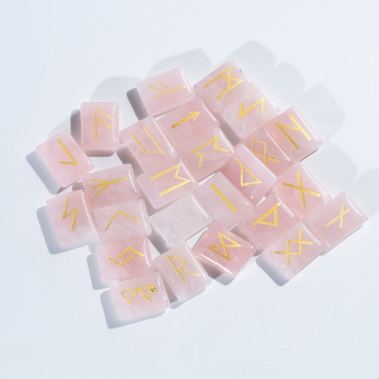 Conjunto de runas de cuarzo rosa, piedra de runas grabadas de cuarzo rosa natural, conjunto de piedras de runas de cristal natural 