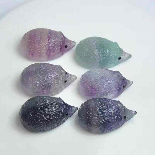 Natural carved rainbow fluorite crystal hedgehog