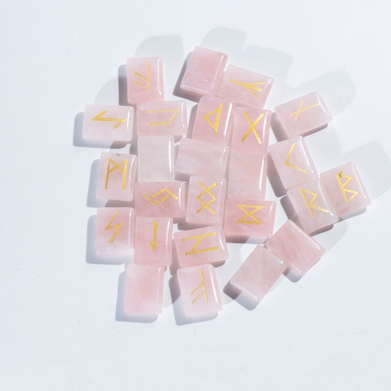 Conjunto de runas de cuarzo rosa, piedra de runas grabadas de cuarzo rosa natural, conjunto de piedras de runas de cristal natural 