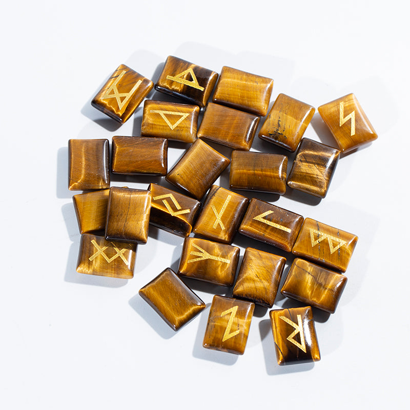 Natural yellow tiger eye rune set,crystal quartz rune set tumbled engraved rune set