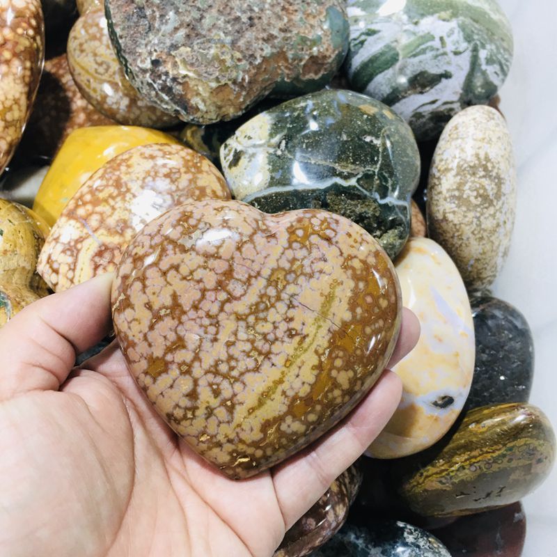 Hand Carved Natural Ocean Jasper Love Hearts Crystal Healing Heart Shape Stones for Decoration