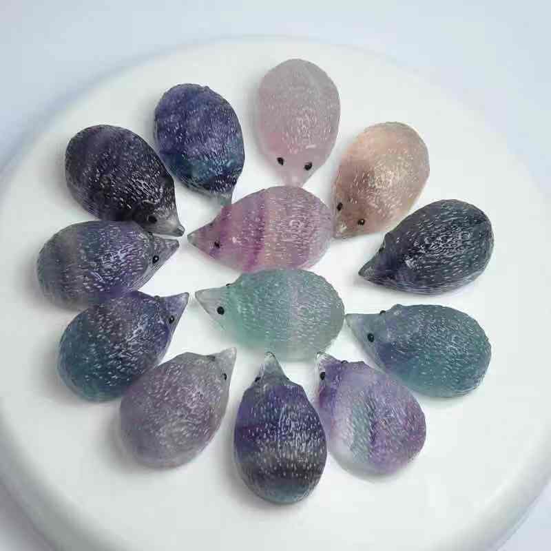 Natural carved rainbow fluorite crystal hedgehog