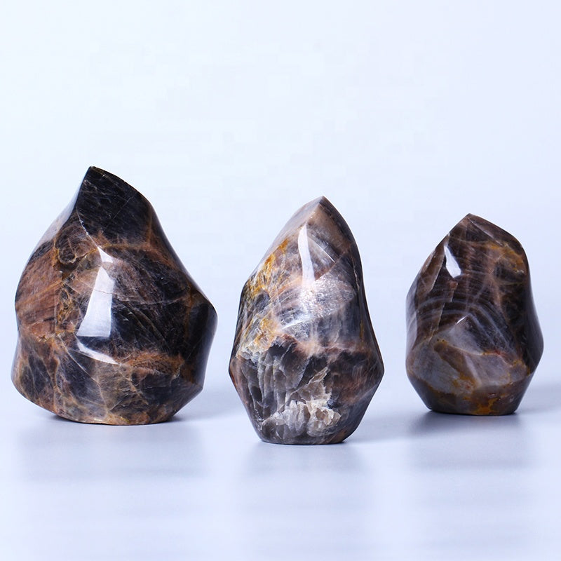 Natural Black Moonstone Flame Healing Crystal Gemstone Torch Stand Stone For Home Decoration