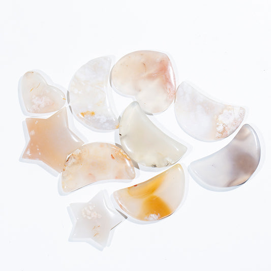 Polished handcarved natural cherry blossom agate star and moon for decoration