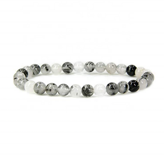 Venta al por mayor de cuarzo rutilado negro Natural, gema hecha a mano, piedras preciosas semipreciosas, cuentas redondas de 6mm, pulsera elástica de 7 ", Unisex 