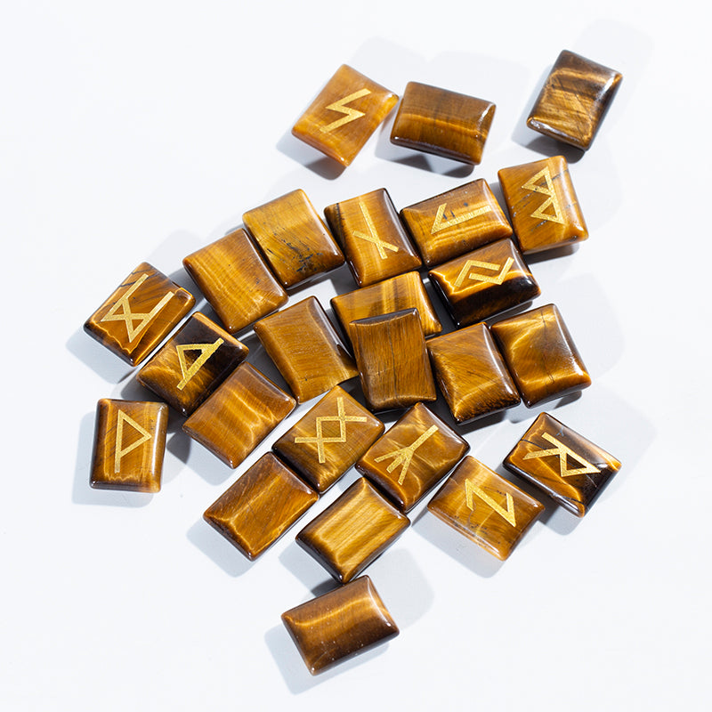 Natural yellow tiger eye rune set,crystal quartz rune set tumbled engraved rune set