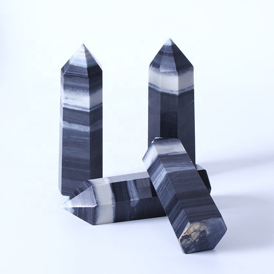 Varita de cristal de Reiki y chakras curativos naturales, torre de cristal de cuarzo con punta de piedra de Tai Chi, color blanco y negro, para curación 