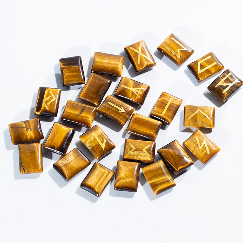 Natural yellow tiger eye rune set,crystal quartz rune set tumbled engraved rune set