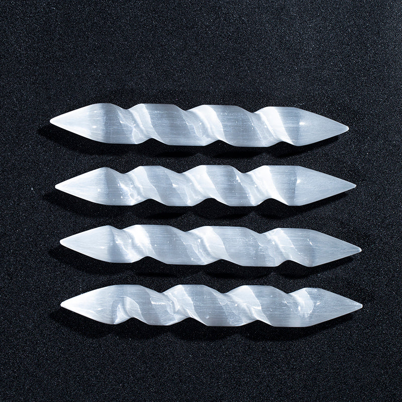 Varita espiral de doble punta de selenita blanca Natural, palo de masaje de yeso blanco 