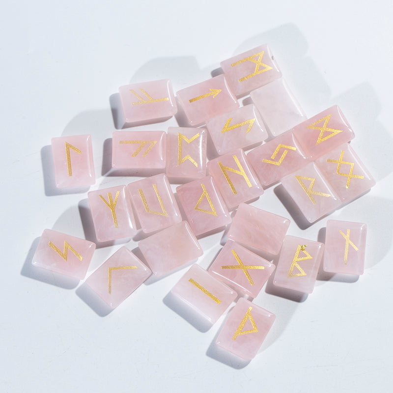 Conjunto de runas de cuarzo rosa, piedra de runas grabadas de cuarzo rosa natural, conjunto de piedras de runas de cristal natural 