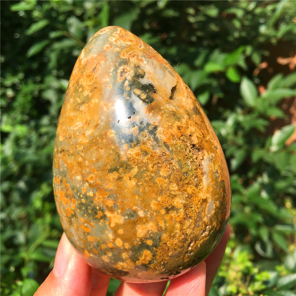 440G  Crystal carved egg of Ocean Jasper  F6
