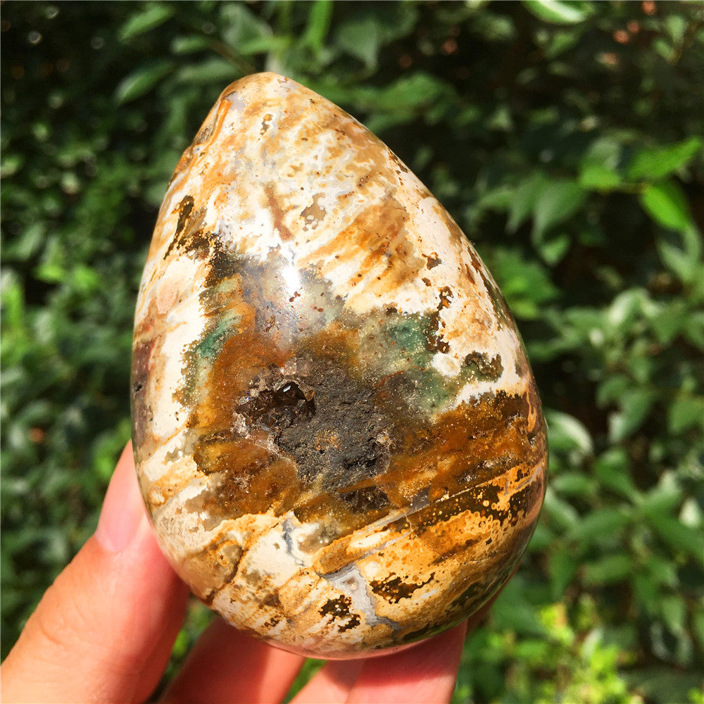 390G  Crystal carved egg of Ocean Jasper  F16