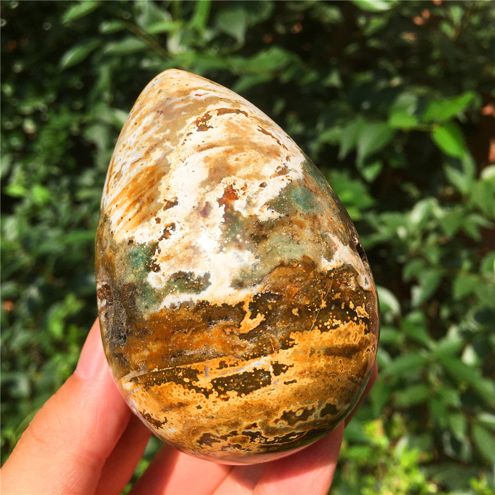 390G  Crystal carved egg of Ocean Jasper  F16