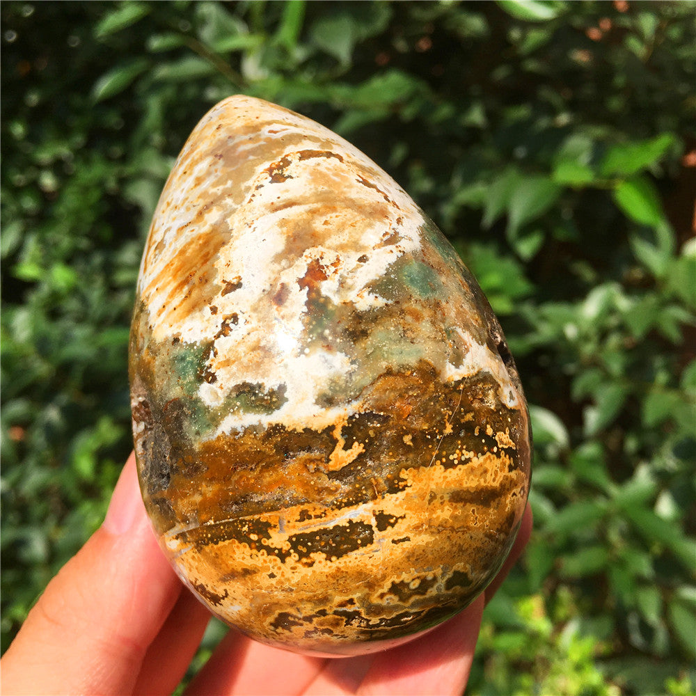 390G  Crystal carved egg of Ocean Jasper  F16