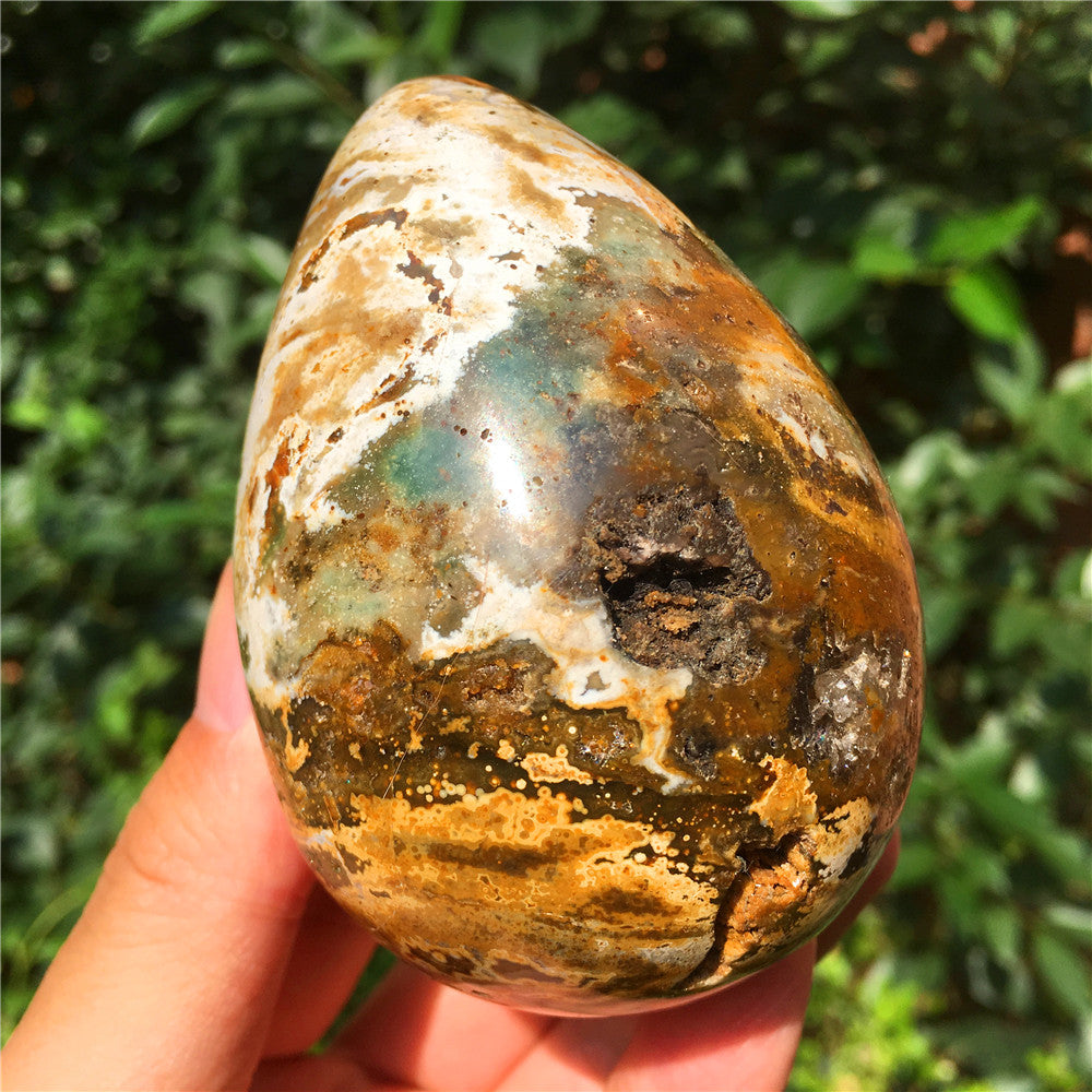 390G  Crystal carved egg of Ocean Jasper  F16