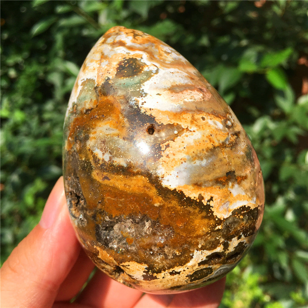 390G  Crystal carved egg of Ocean Jasper  F16