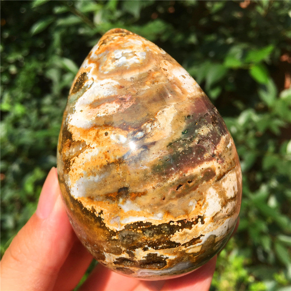 390G  Crystal carved egg of Ocean Jasper  F16