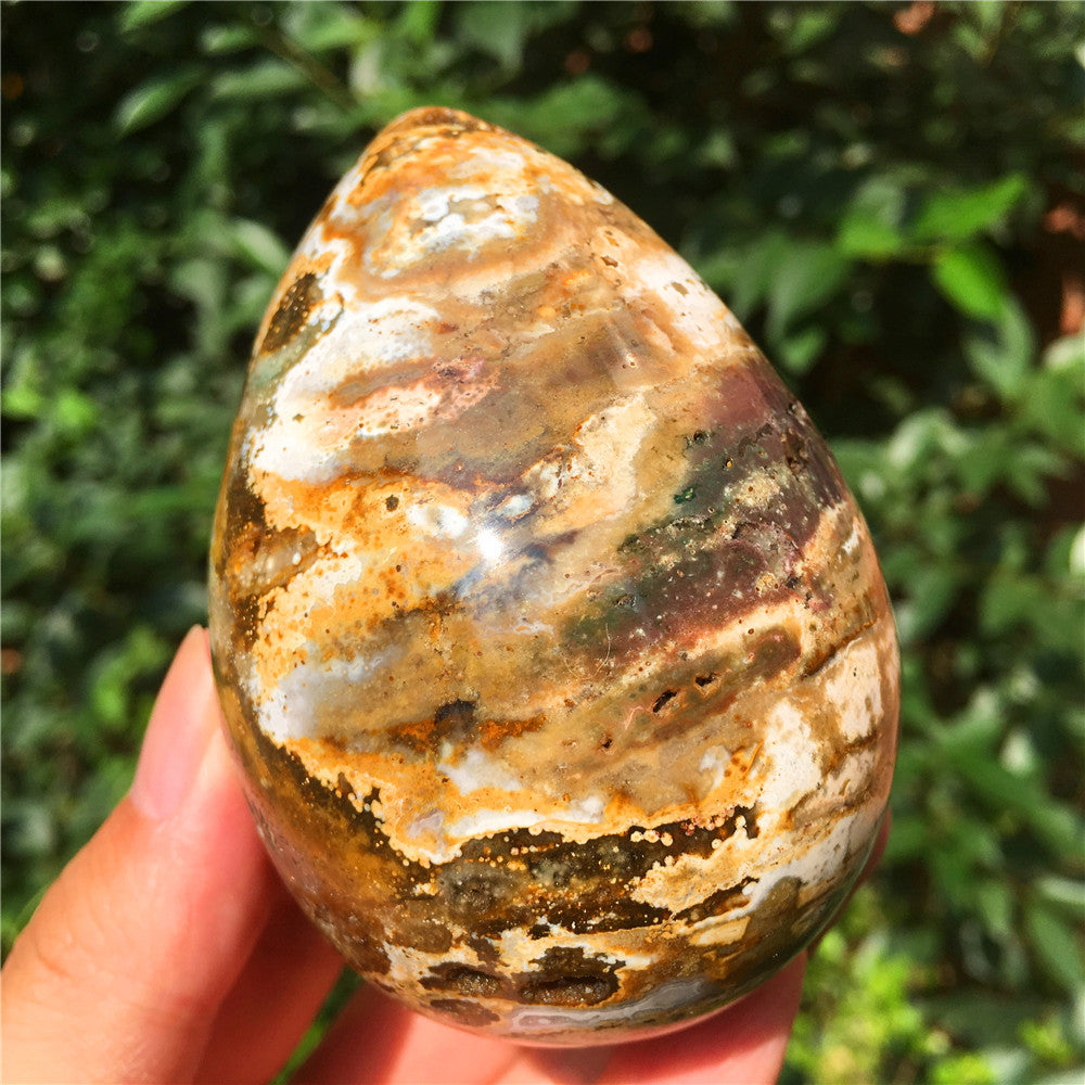 390G  Crystal carved egg of Ocean Jasper  F16