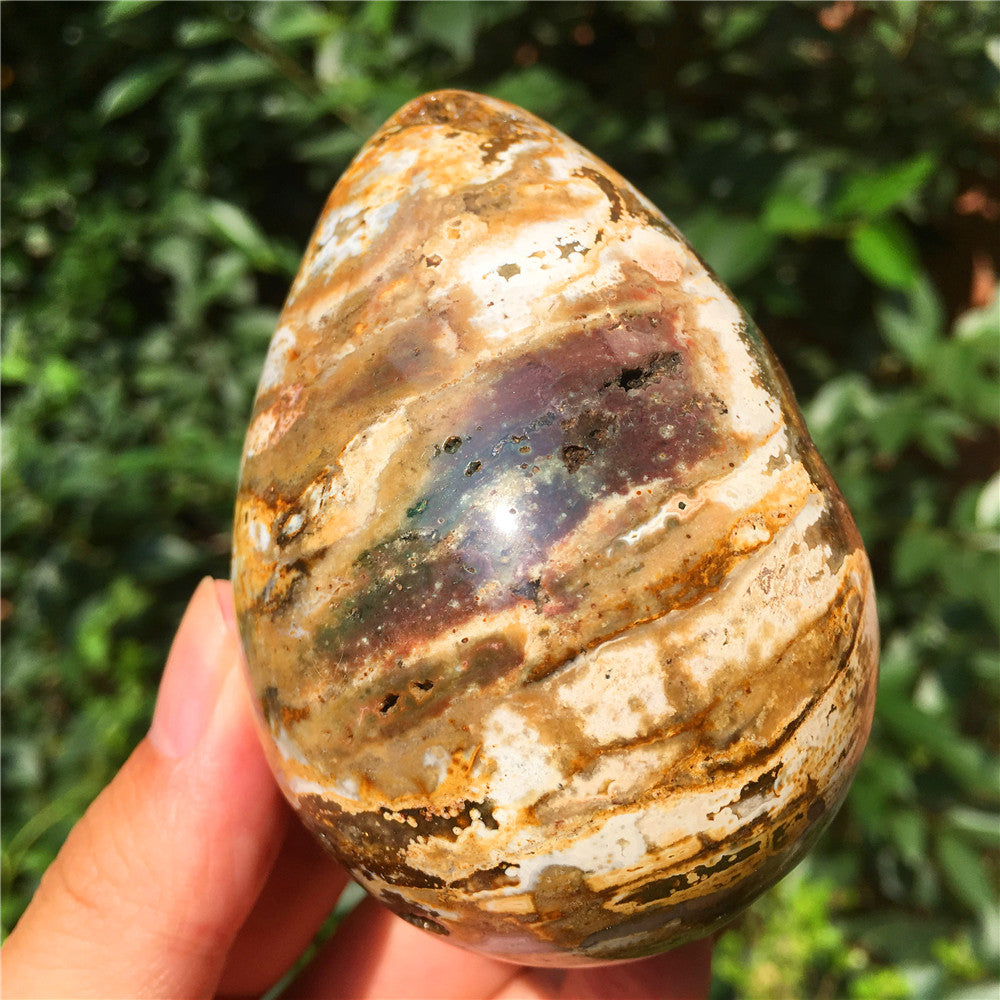390G  Crystal carved egg of Ocean Jasper  F16