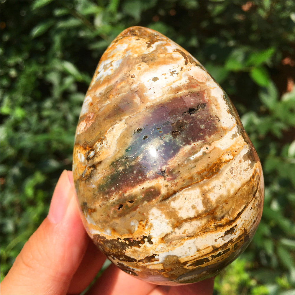 390G  Crystal carved egg of Ocean Jasper  F16