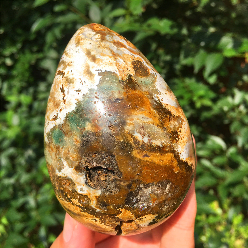 390G  Crystal carved egg of Ocean Jasper  F16