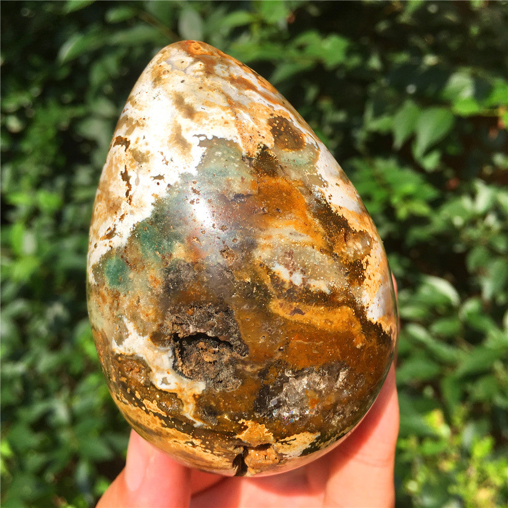 390G  Crystal carved egg of Ocean Jasper  F16